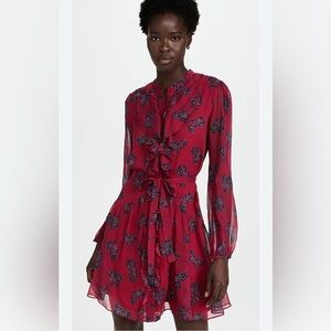 Saloni Tilly Ruffle Bib 100% Silk Long Sleeve Dress in Cherry Bows